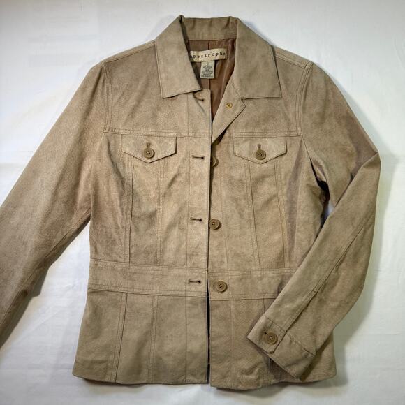 Apostrophe Genuine Suede Tan Leather Jacket Size 12 Classic Button Front Coat - Picture 4 of 8